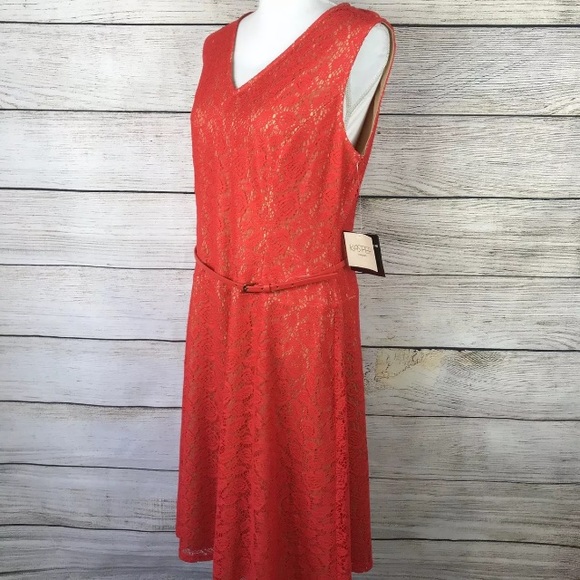 Kasper Dresses & Skirts - NWT Kasper dress orange lace overlay sleeveless belted v-neck knee length